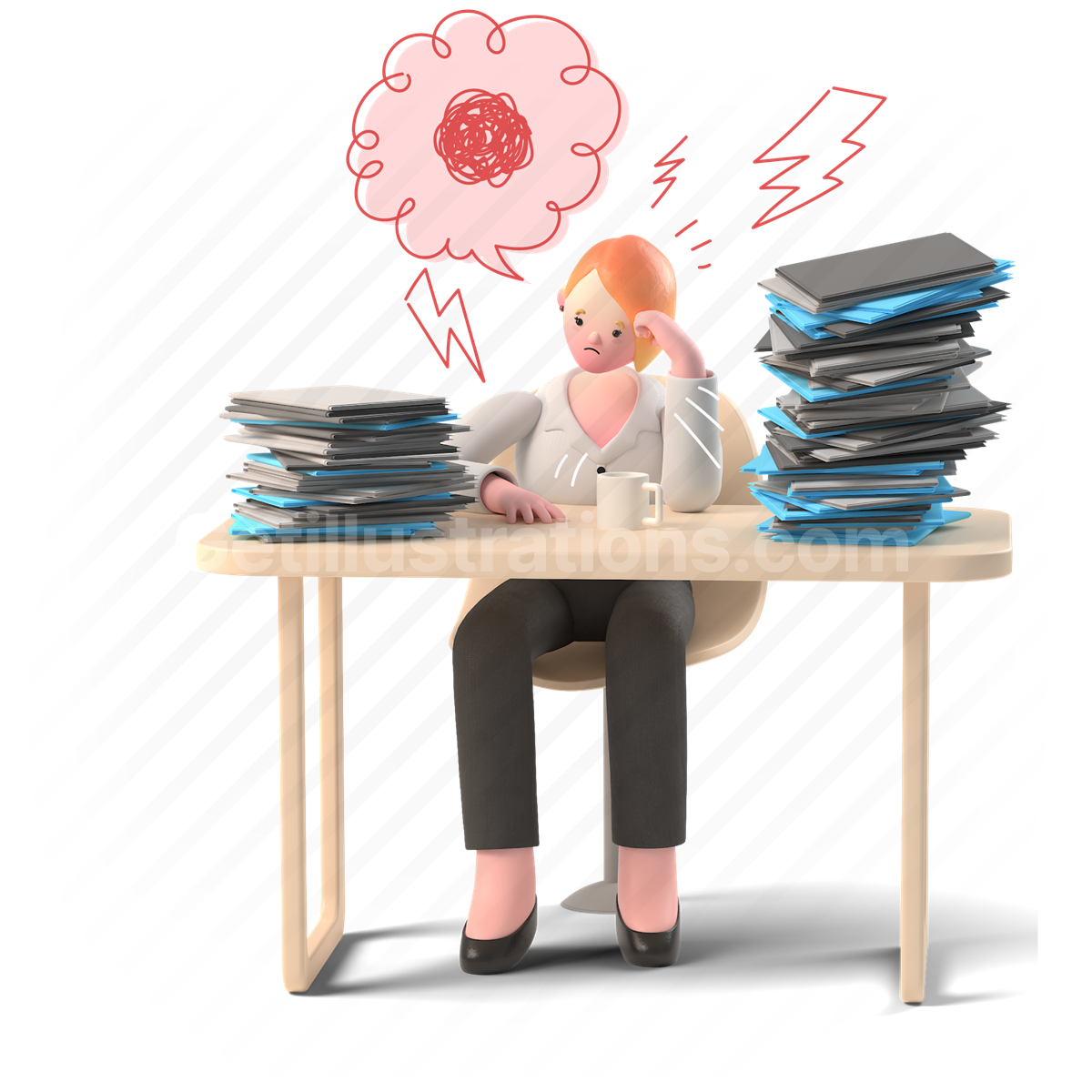 stress, overload, load, workload, woman, desk, pile, 3d, people, files